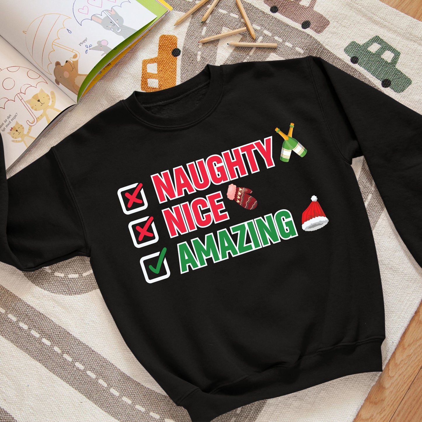 Naughty Nice Amazing, Christmas Long Sleeves, Christmas Crewneck For Youth, Christmas Sweater, Christmas Sweatshirt, Christmas Present