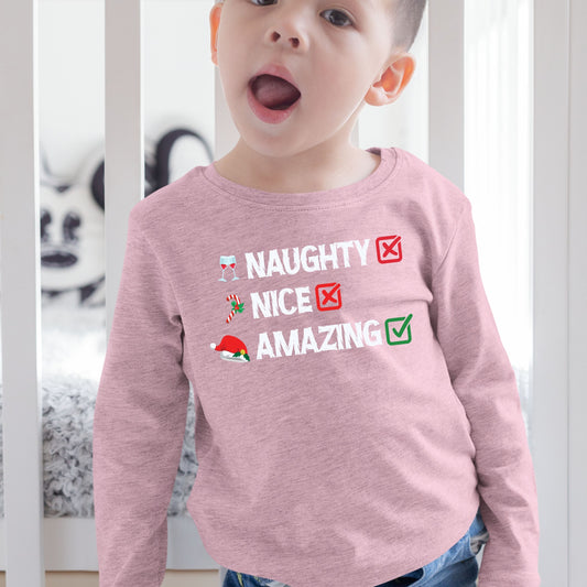 Naughty Nice Amazing, Christmas Long Sleeves, Christmas Crewneck For Youth, Christmas Sweatshirt, Christmas Present, Christmas Sweater