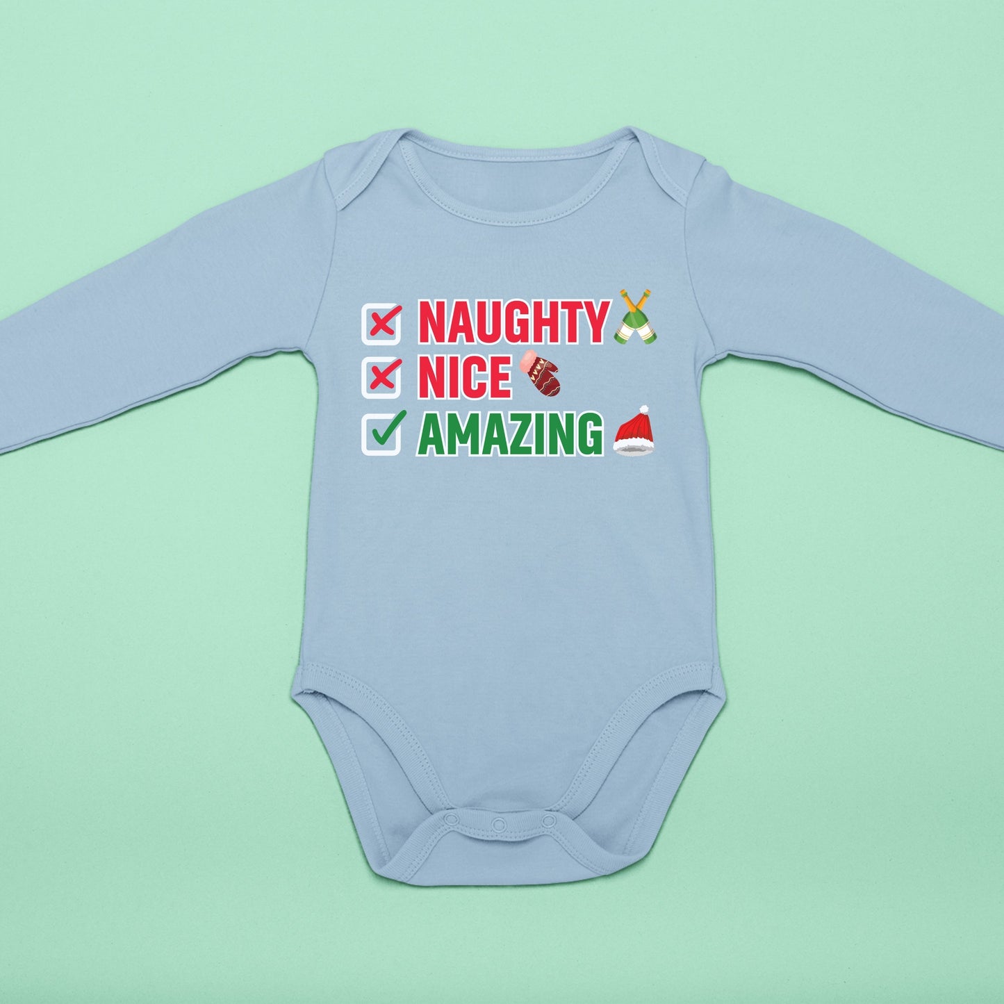 Naughty Nice Amazing, Christmas Long Sleeves, Christmas Bodysuits For Kids, Christmas Onesies, Christmas Bodysuits, Christmas Present