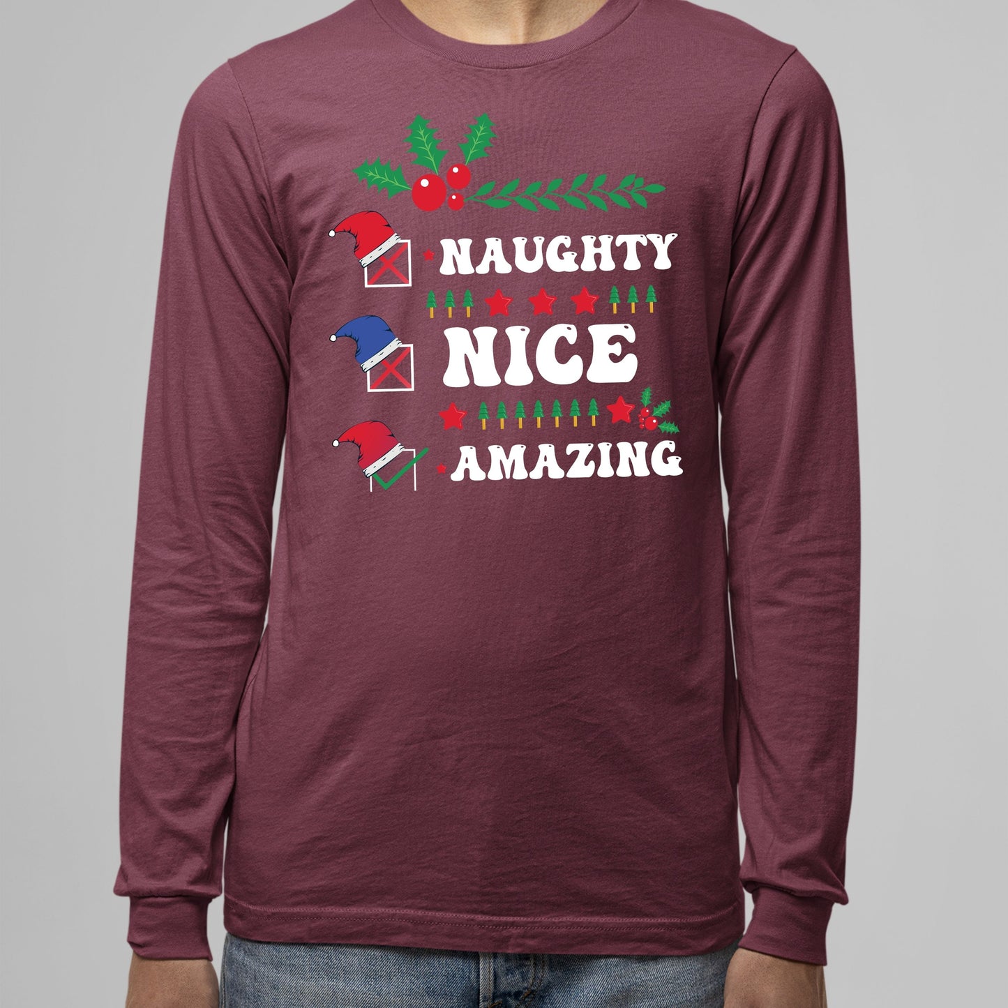 Naughty Nice Amazing, Men Long Sleeves, Christmas Clothing, Christmas Sweatshirts, Christmas Shirts, Christmas Decor, Christmas