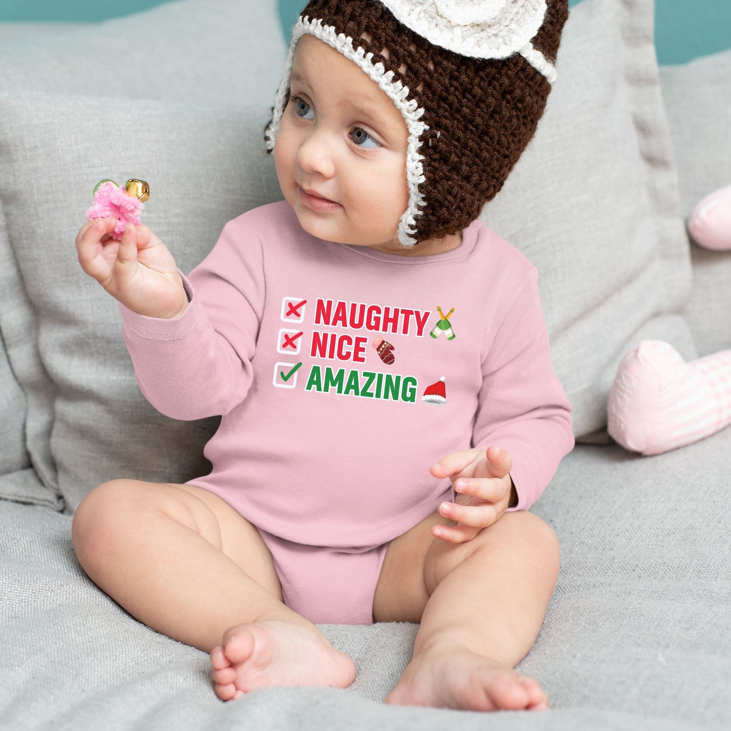 Naughty Nice Amazing, Christmas Long Sleeves, Christmas Bodysuits For Kids, Christmas Onesies, Christmas Bodysuits, Christmas Present