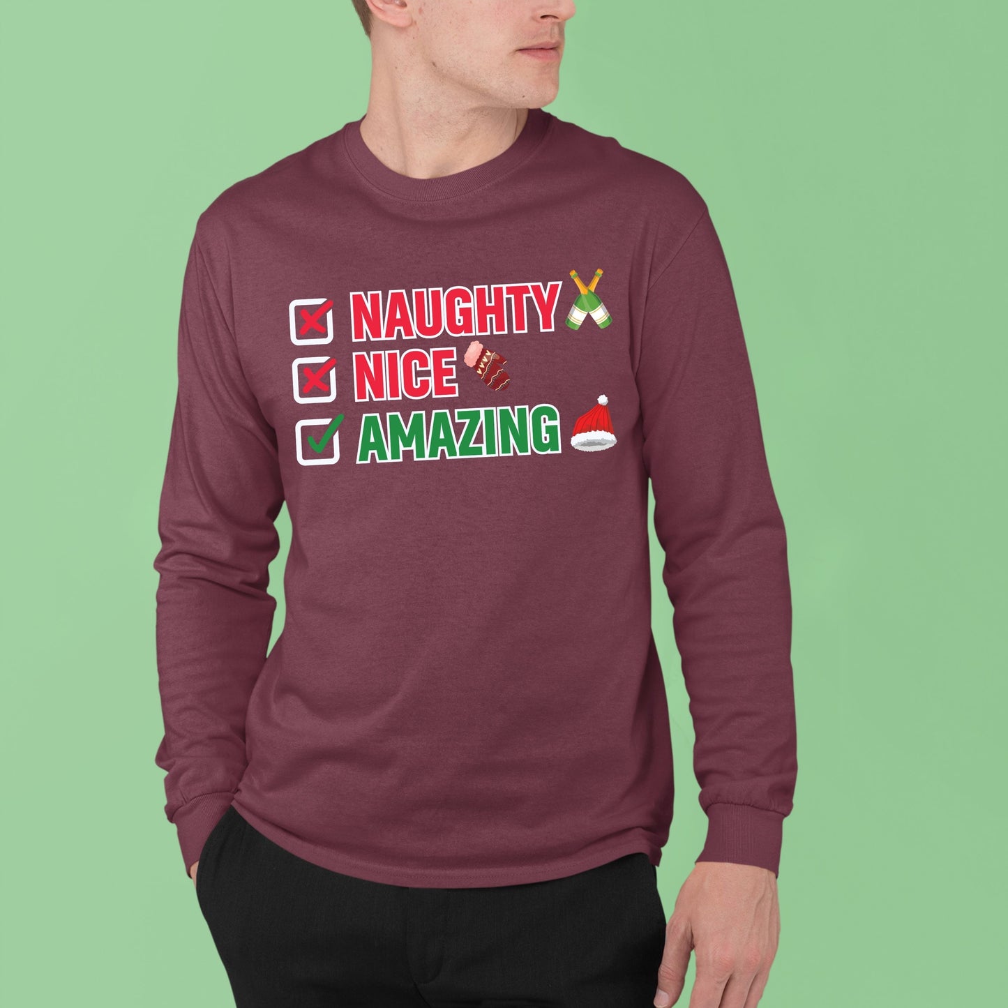 Naughty Nice Amazing, Christmas Long Sleeves, Christmas Sweater, Christmas Sweatshirt, Christmas Crewneck For Men, Christmas Present