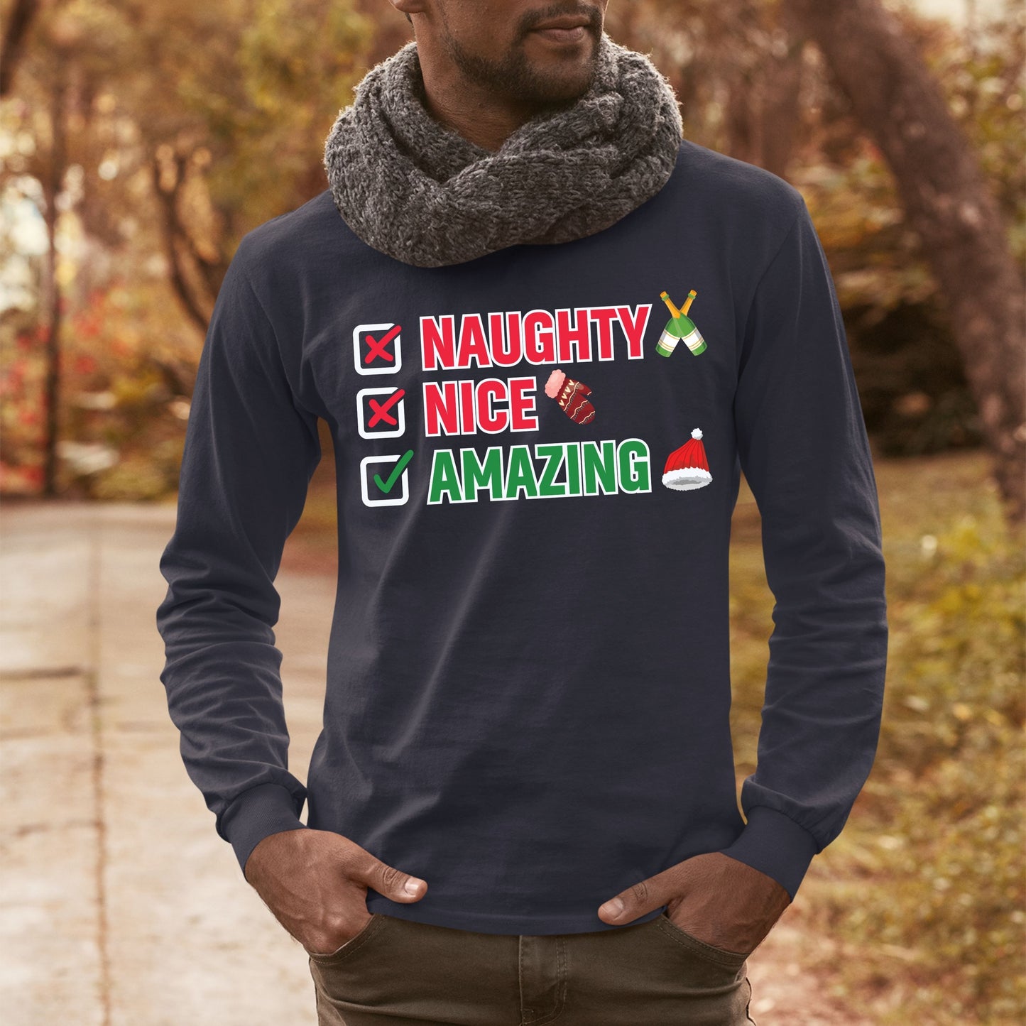 Naughty Nice Amazing, Christmas Long Sleeves, Christmas Sweater, Christmas Sweatshirt, Christmas Crewneck For Men, Christmas Present