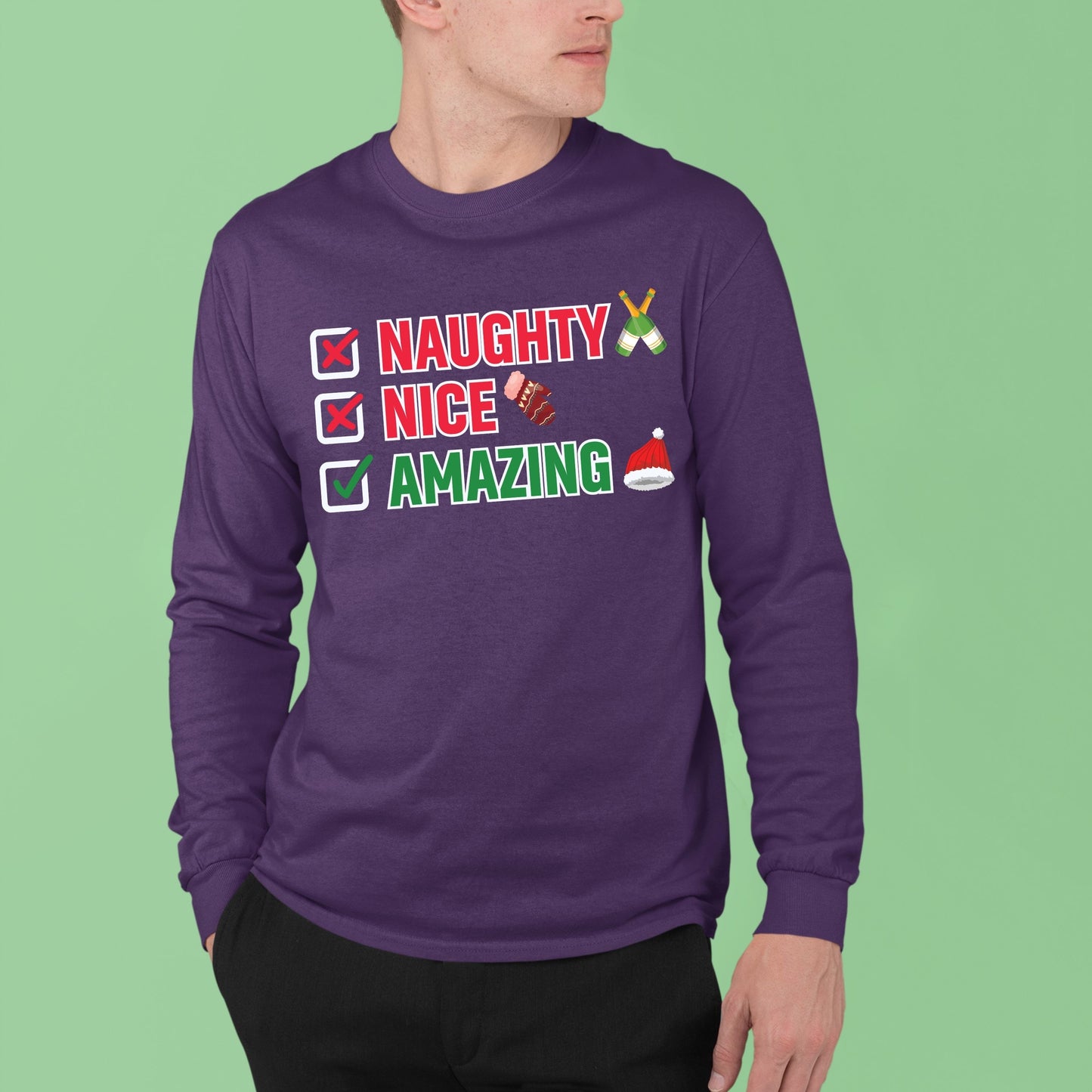 Naughty Nice Amazing, Christmas Long Sleeves, Christmas Sweater, Christmas Sweatshirt, Christmas Crewneck For Men, Christmas Present