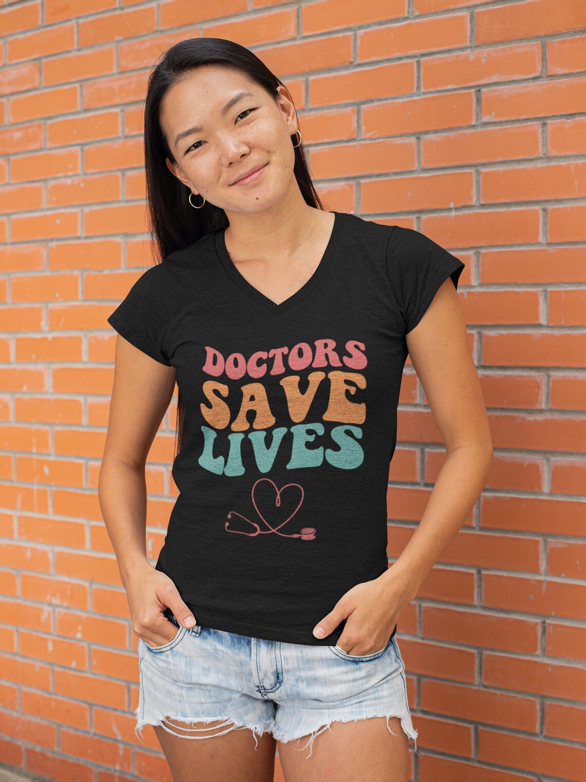 Doctors Save Lives Women's Short Sleeve V-Neck Tee, Doctor shirts, Doctor gift ideas, gift for doctors, women shirt with doctor design